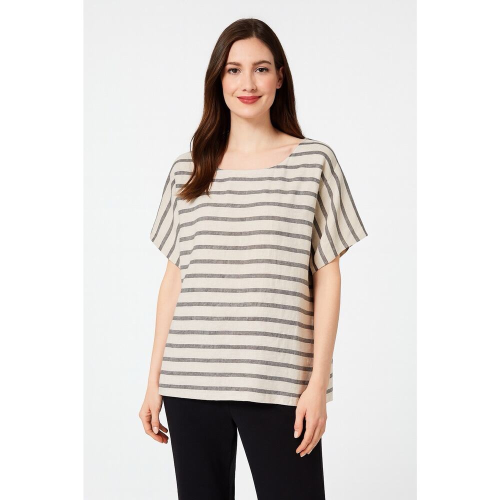 Eileen Fisher Organic Cotton Linen Top XS Nautical Striped Tan Lagenlook Relaxed